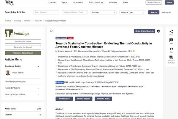انتشار مقاله پژوهشگران کلینیک بتن ایران درباره بهینه‌سازی بتن و پنل‌های پیش‌ساخته عایق در مجله علمی Buildings