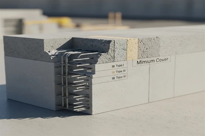 حداقل میزان پوشش و کاور بتن با توجه به تیپ سیمان مصرفی