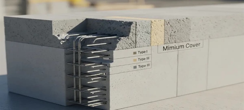 حداقل میزان پوشش و کاور بتن با توجه به تیپ سیمان مصرفی