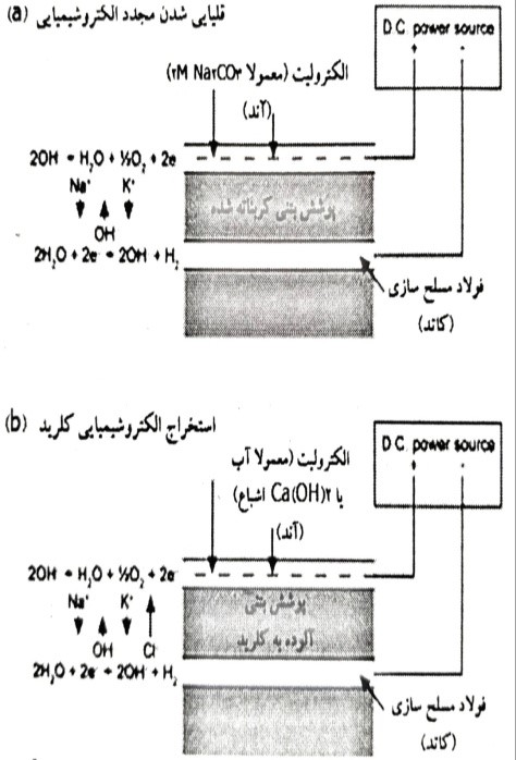 مشخصات ضروری (a) قلیایی شدن مجدد الکتروشیمیایی و (b) استخراج کلرید